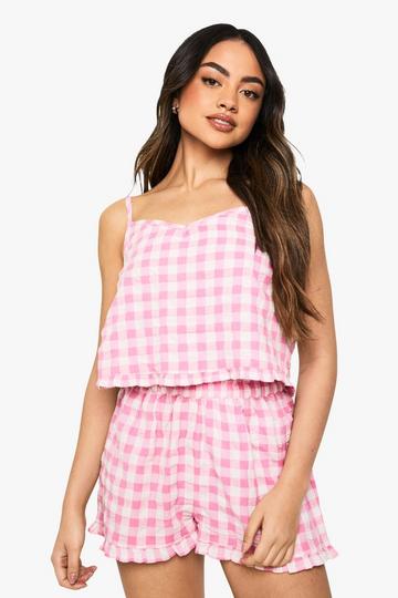 Seersucker Gingham Ruffle Short And Cami Pyjama Set pink