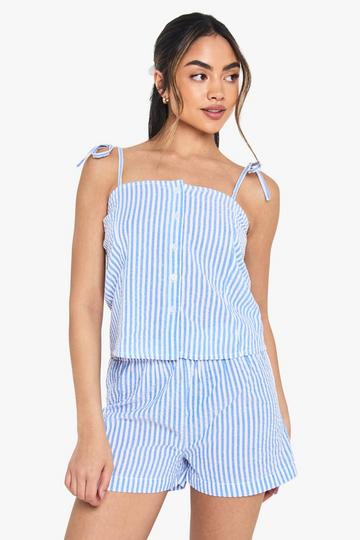 Seersucker Pyjama Set Met Hemdje Met Knopen En Shorts blue