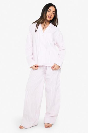 Seersucker Stripe Long Sleeve Shirt & Trousers Pyjama Set pink