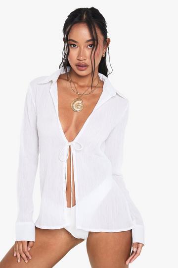 Crinkle Cotton Beaded Beach Shirt white