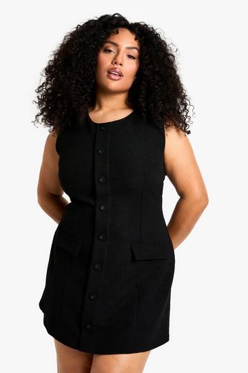 plus boucle button front tailored mini dress black