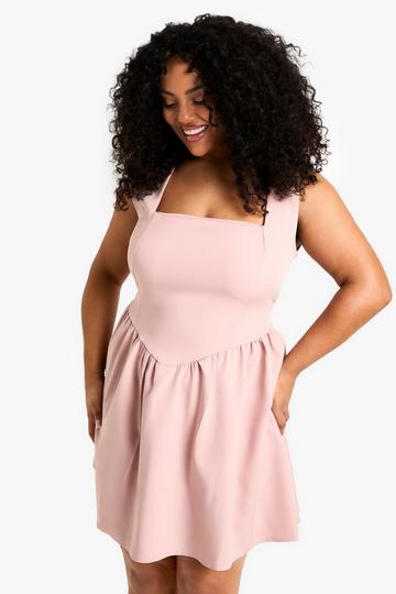 Blush Pink plus square neck sleeveless mini skater dress