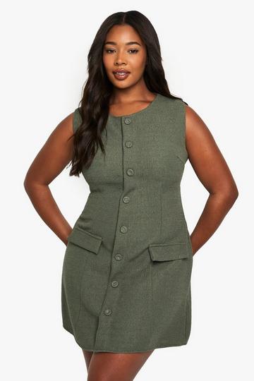 plus boucle button front tailored mini dress khaki