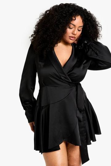 plus satin wrap skater dress black