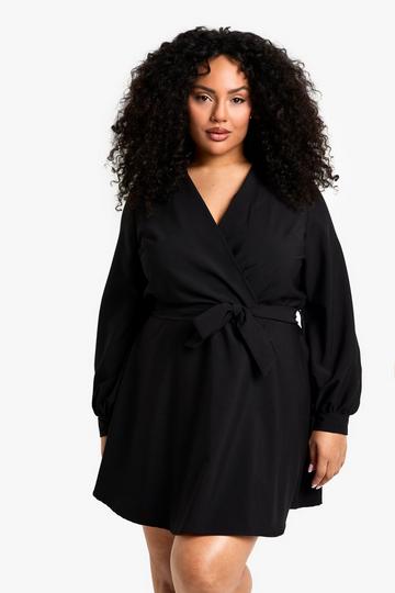 plus blouson sleeve mini wrap dress black