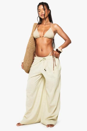Linnen Wide Leg Strand Broek Met Kraaltjes sand_olive