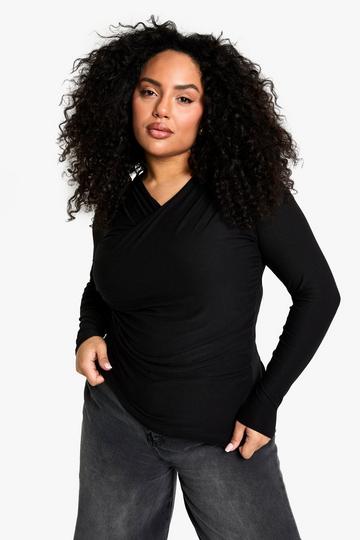 PLUS PREMIUM long sleeve wrap top black