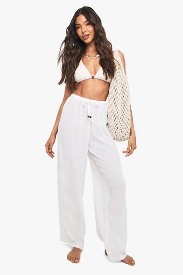 Crinkle Beaded Wide Leg Beach Trousers white