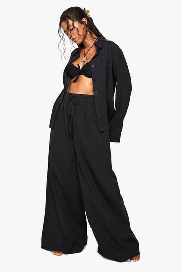 Black Linen Wide Leg Beach Trousers
