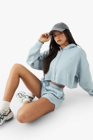 DSGN Studio Embroidered Zip Through Boxy Crop Hoodie blue