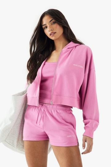 DSGN Studio Embroidered Zip Through Boxy Crop Hoodie pink