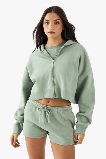 DSGN Studio Embroidered Zip Through Boxy Crop Hoodie sage