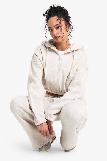 Cropped Zip Through Seam Detail Hoodie oatmeal