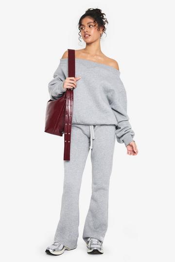 Off the Shoulder Sweatshirt and Flared Jogger Tracksuit grey marl