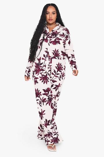 Plus Basic Woven Large Floral Drawstring Wide Leg Trouser purple