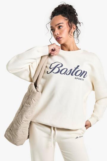 Cream White Boston Slogan Oversized Sweatshirt