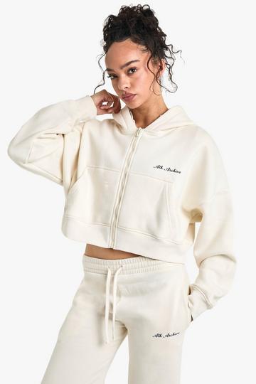 Cream White Ath Archive Zip Through Cropped Hoodie