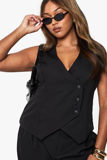 Plus Geweven Getailleerde Wikkel Gilet Met Knopen black