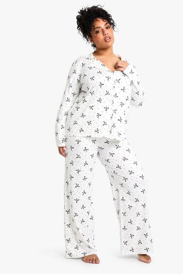 Plus Bow Print Long Sleeve & Trouser PJ sET white