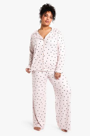 Plus Heart Print Long Sleeve & Trouser PJ Set rose