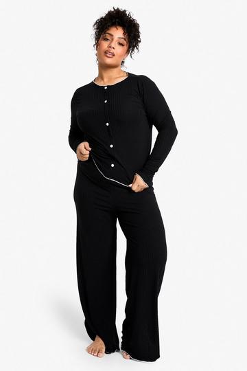 Black Plus Rib Contrast Button Rib Top & Trouser PJ Set