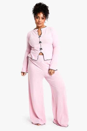 Plus Rib Contrast Bow PJ Top & Trouser PJ Set pink