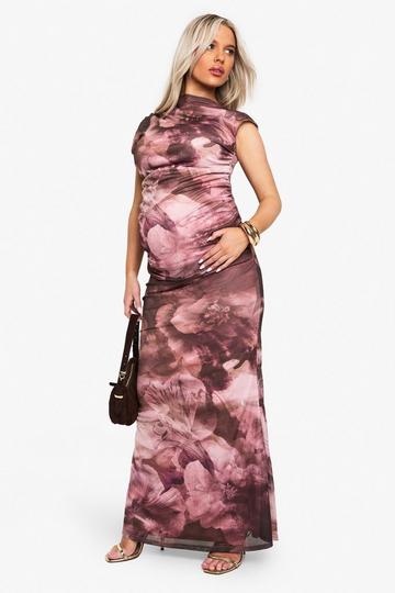 maternity abstract rouched mesh maxi dress rose