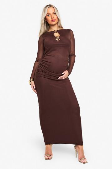 maternity trim detail rouched maxi dress chocolate