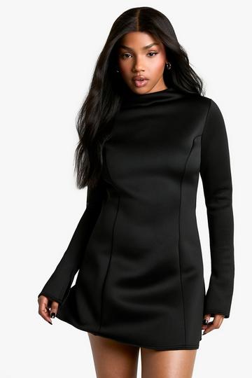 Tailored High Neck Flare Sleeve Mini Dress black