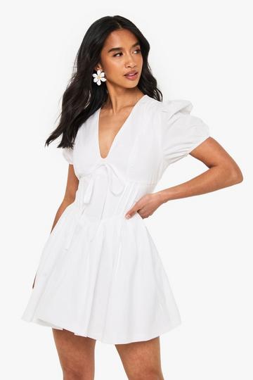 Petite Corset Detail Puff Sleeve Milkmaid Skater Dress white