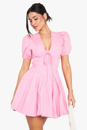Tall Corset Detail Puff Sleeve Milkmaid Skater Dress pink