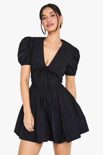 Tall Corset Detail Puff Sleeve Milkmaid Skater Dress black