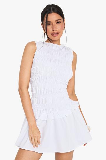 Tall Shirred Sleeveless Drop Waist Skater Mini Dress white