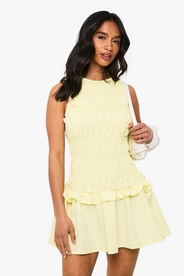 Petite Shirred Sleeveless Drop Waist Skater Mini Dress lemon
