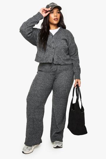 Plus Soft Rib Cardigan And Drawstring Trouser Knitted Set ash grey