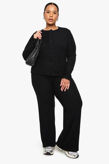 Plus Gebreide Zachte Geribbelde Cardigan En Elastische Broek Set black