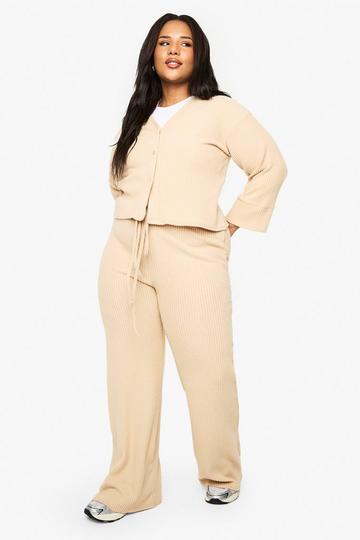 Plus Soft Rib Cardigan And Drawstring Trouser Knitted Set oatmeal