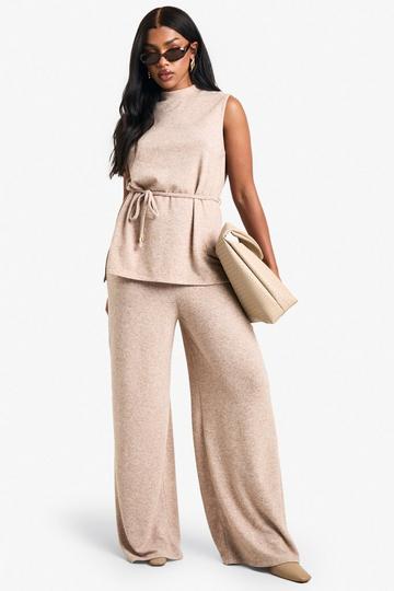 Stone Beige BRUSHED TUNIC TIE BELT TOP AND WIDE LEG TROUSER