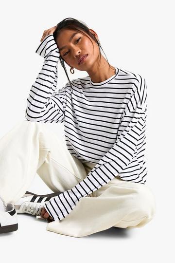 STRIPE LONG SLEEVE CREW NECK TOP white