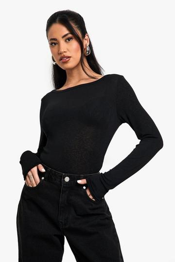 Textured Mesh Boat Neck Long Sleeve Top black