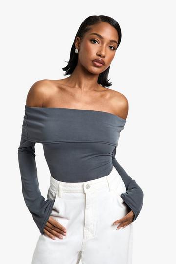 PEACHED JERSEY LONGLINE BARDOT TOP grey