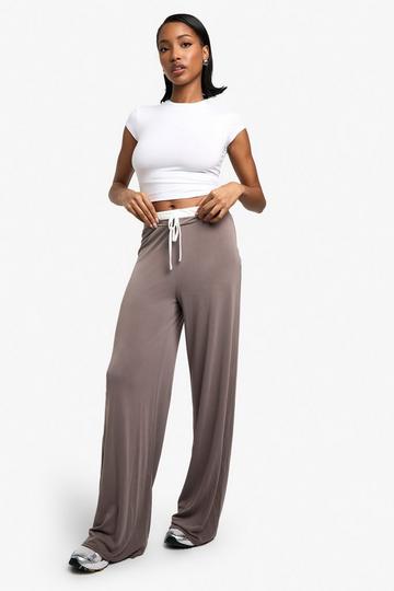 Peached Jersey exposed waistband wide leg trouser cedar