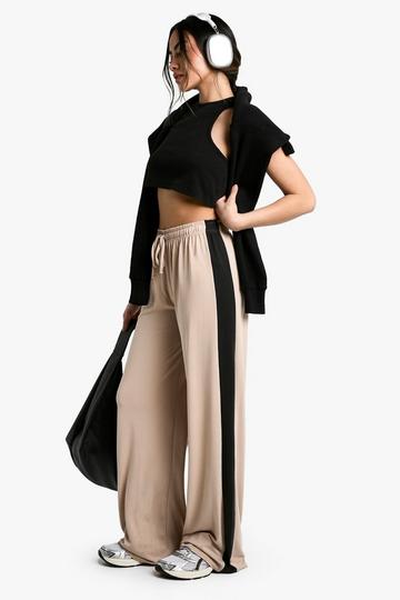 Stone Beige Peached Jersey side stripe wide leg trouser