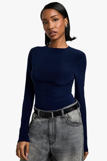 Double Layer Slinky Long Sleeve Crew Neck Bodysuit navy