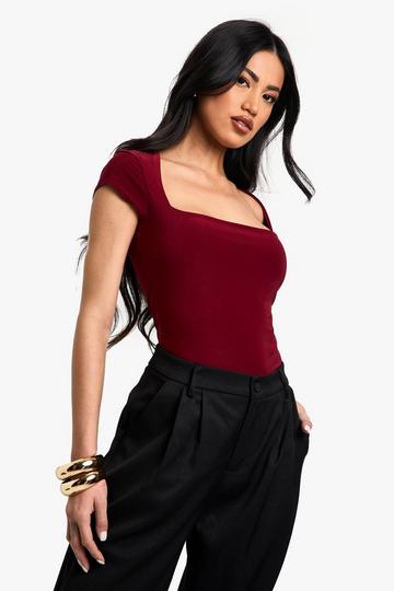 Double Layer Slinky Square Neck Cap Sleeve Bodysuit red