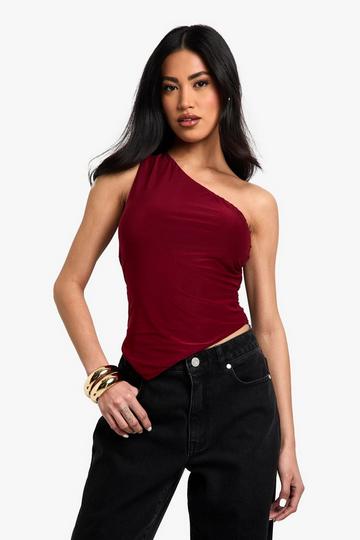 Double Layer Slinky One Shoulder Asym Hem Top red