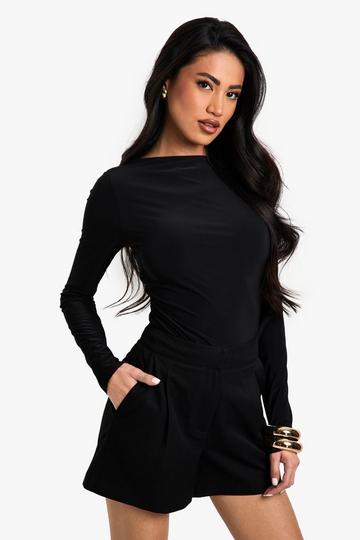 Double Layer Slinky Slash Neck Long Sleeve Bodysuit black