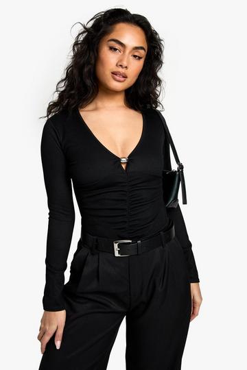 Rib Plunge Front Trim Detail Bodysuit black