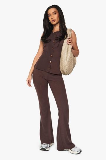 Rib Button Through Sleeveless Top and Trouser Set chocolate