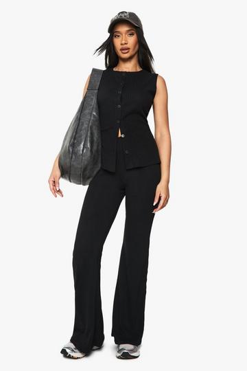 Rib Button Through Sleeveless Top and Trouser Set black